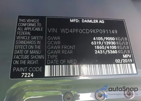 2019 Mercedes-Benz Sprinter 2500 Standard Roof V6 from USA, damaged, VIN WD4PF0CD9KP091149